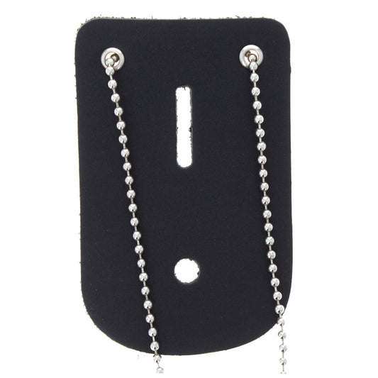 Black leather universal police badge holder with beaded neck chain.