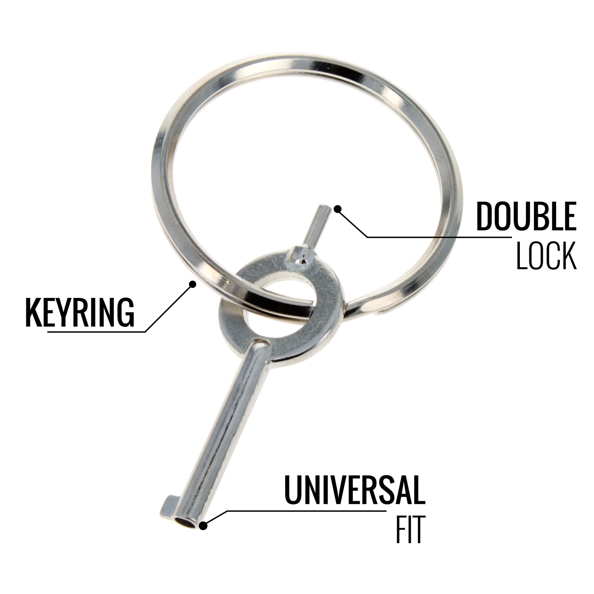 Diagram showing universal handcuff key features including keyring and double lock pin.