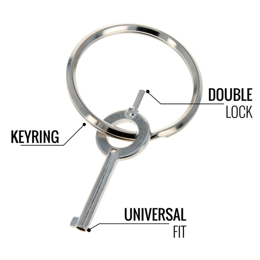 Diagram showing universal handcuff key features including keyring and double lock pin.