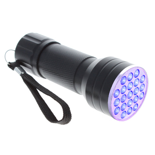 UV LED flashlight with wrist strap emitting purple ultraviolet light.