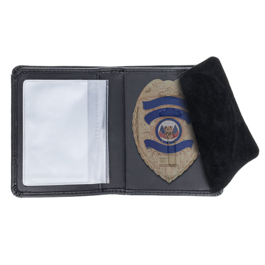 Open ASR Federal bifold leather police badge holder wallet with clear ID slot and suede concealment flap