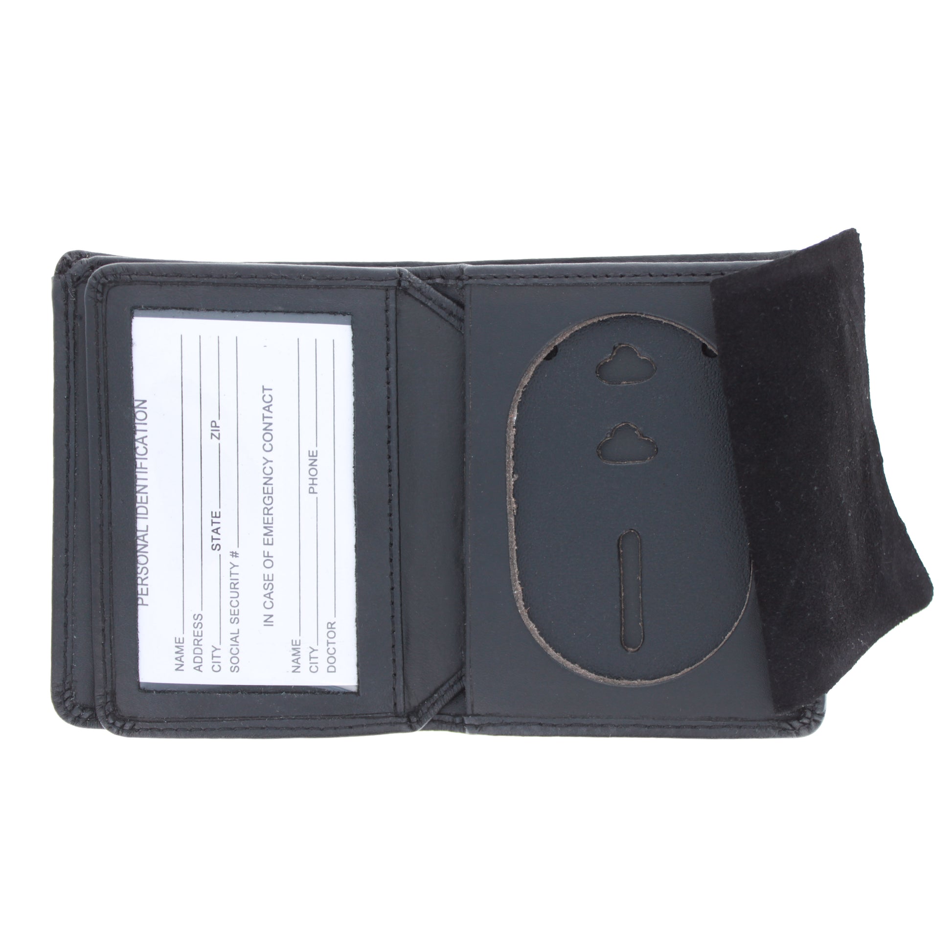 ASR Federal police badge holder wallet open to show recessed badge cut-out and suede flap