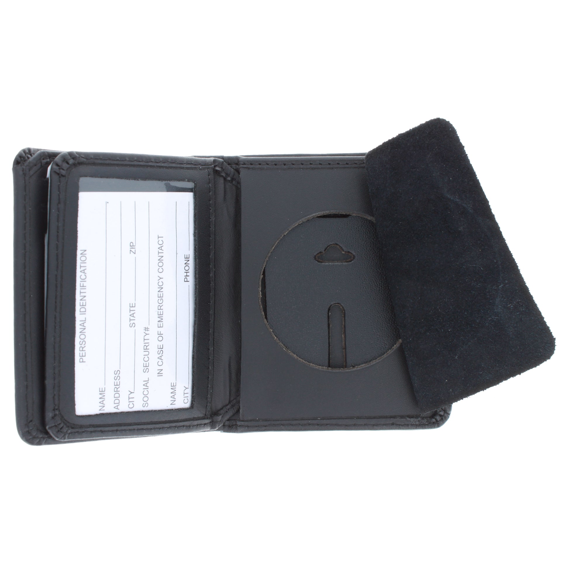 Open ASR Federal RFID leather badge wallet with clear ID window and suede badge concealment flap