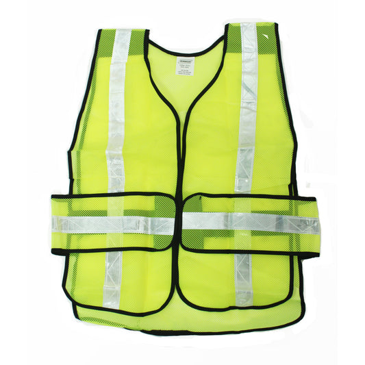 Bright lime green universal fit safety vest with silver reflective tape.