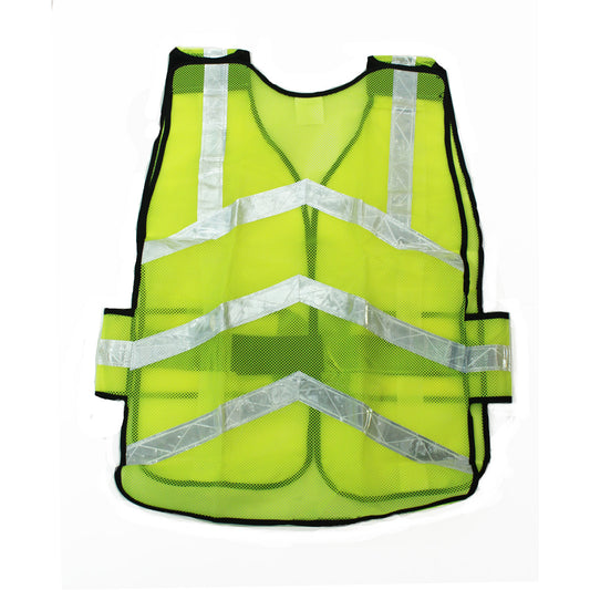 Back view of lime green safety vest with horizontal and vertical reflective strips.