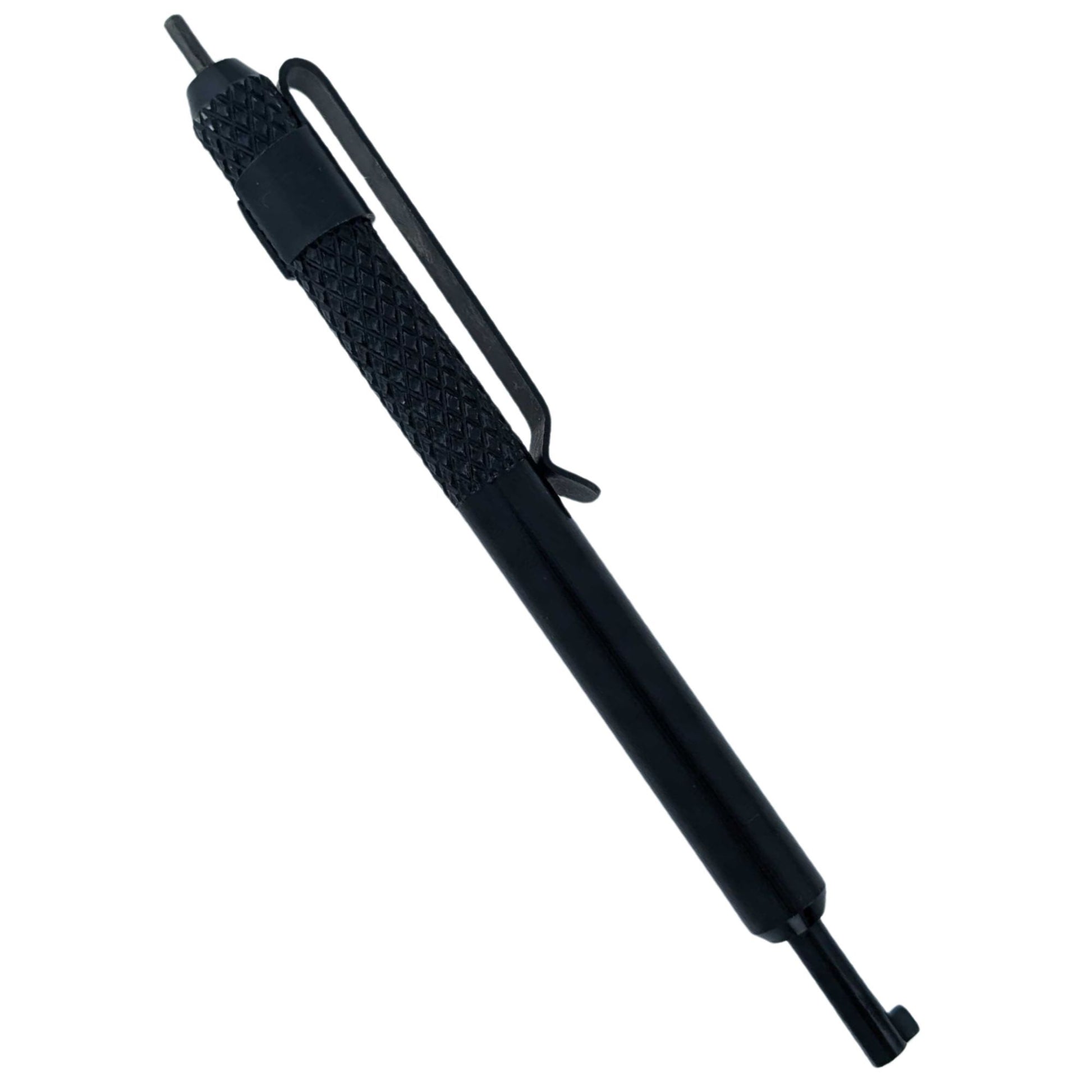 Black universal handcuff key with pocket clip and textured grip.